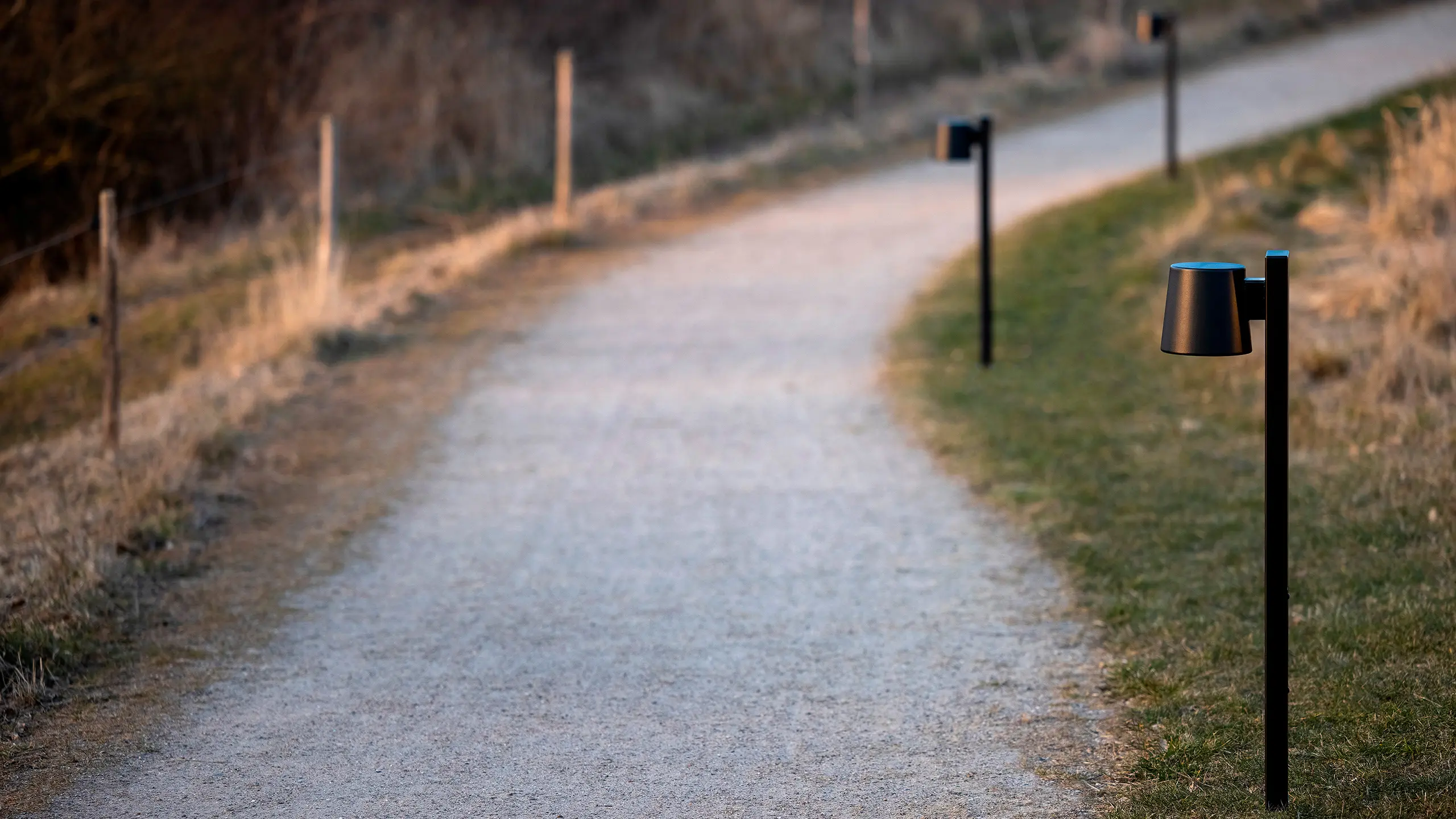 Bollard lights are seen along a path